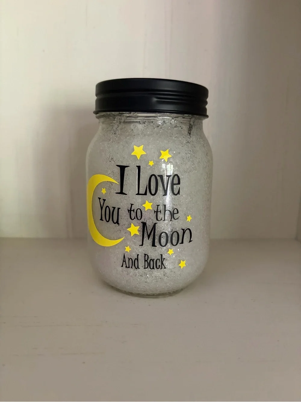 I Love You to the Moon And Back Decorative Jar - Black Lid, Yellow Moon & Stars